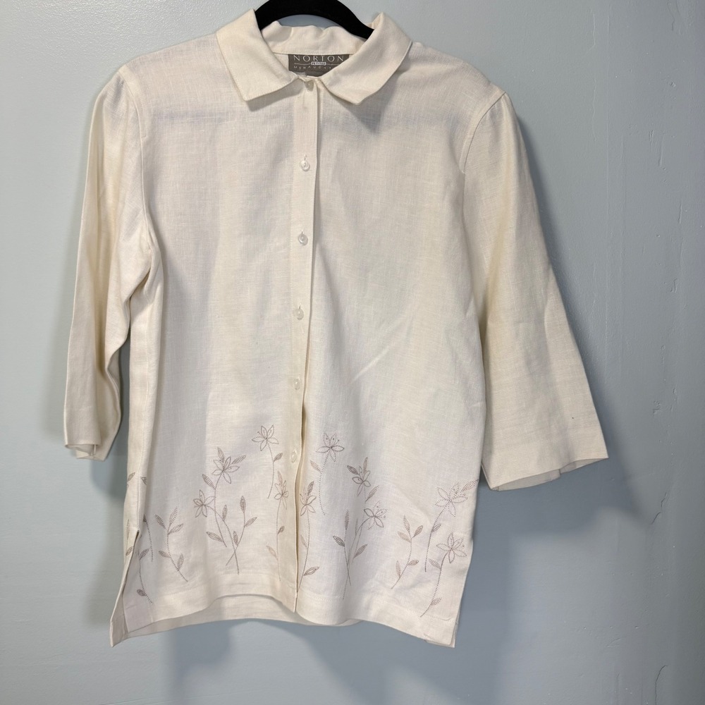 VTG Norton McNaughton Petites Linen Floral Embroidered Button Front‎ Shirt Cream